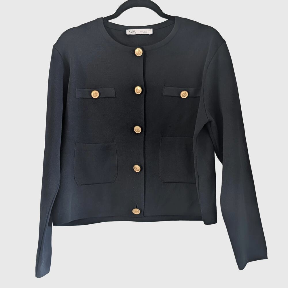 Zara Gold Button Knit Cardigan Jacket XL Navy Lady Jacket Preppy